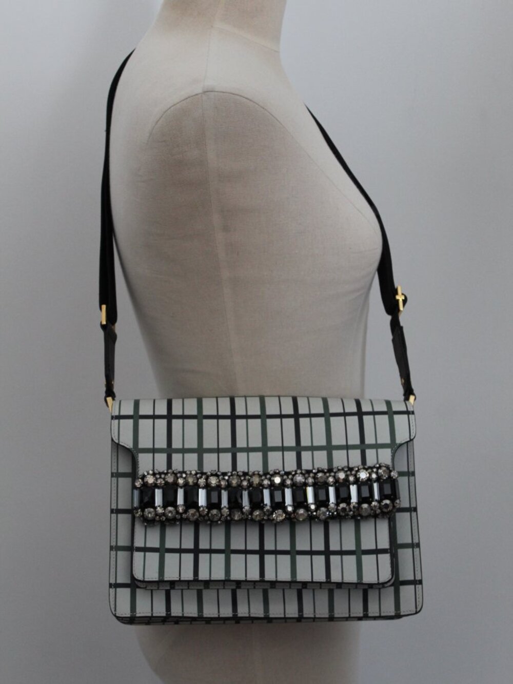 MARNI Plaid Textile Jeweled Crystals Flap Shoulder Bag Green Black Cream